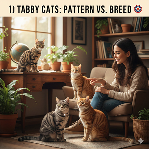 Mèo mướp với nhiều kiểu hoa văn tabby khác nhau ngồi trong không gian phòng khách gia đình