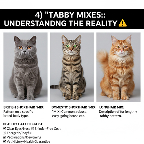 So sánh mèo mướp lai với mèo Anh lông ngắn, mèo nhà mướp và mèo mướp lông dài trong cùng khung hình