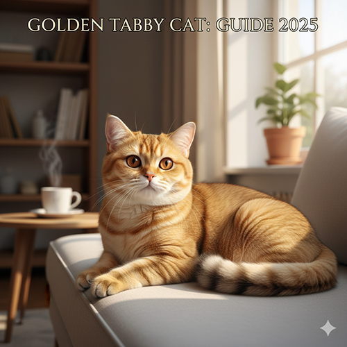 Mèo mướp vàng (golden tabby cat) nằm thư giãn trong không gian nhà ở