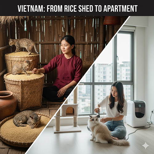 Hình ghép cho thấy sự thay đổi trong đời sống mèo ở Việt Nam: bên trái là người phụ nữ nông thôn chăm mèo trong chuồng lúa, bên phải là cô gái trẻ chơi với mèo trong căn hộ hiện đại.