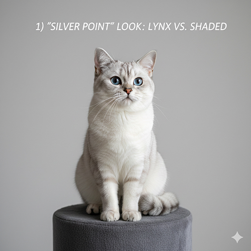 Mèo Silver Point ngồi thẳng, mask sáng bạc, mắt xanh, minh họa kiểu lynx point và shaded point