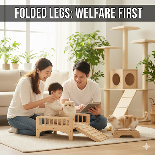 Gia đình chơi cùng mèo tai cụp trong không gian phòng có giường thấp và nhà cây, minh họa môi trường chăm sóc an toàn cho mèo tai cụp.