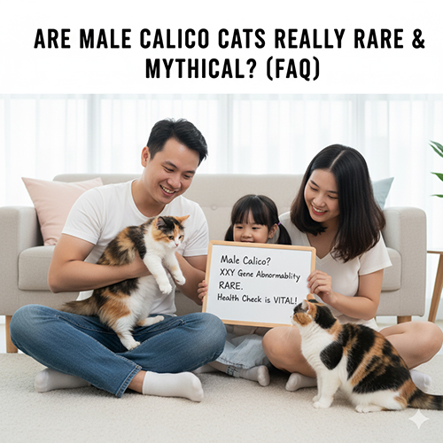 Gia đình cùng bé nhỏ và hai chú mèo Anh tam thể, cầm bảng ghi thông tin về mèo tam thể đực và bất thường gen XXY