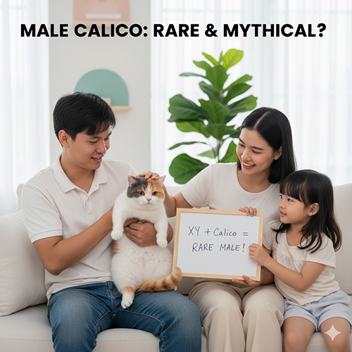 Gia đình vui vẻ cùng chú mèo Anh tam thể đực, cầm bảng ghi “XY + Calico = Rare Male!” minh họa cho sự hiếm gặp của mèo tam thể đực
