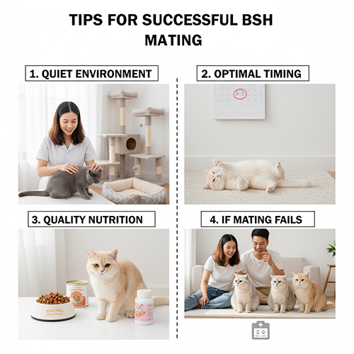 Cô gái và cặp đôi chăm sóc mèo Anh lông ngắn trong phòng yên tĩnh, minh họa mẹo phối giống hiệu quả