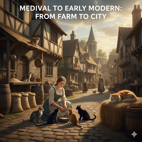 Người phụ nữ châu Âu thời trung cổ ngồi cho mèo ăn giữa con phố lát đá, xung quanh là nhiều chú mèo sinh hoạt gần gũi cùng người dân trong thị trấn nhỏ.