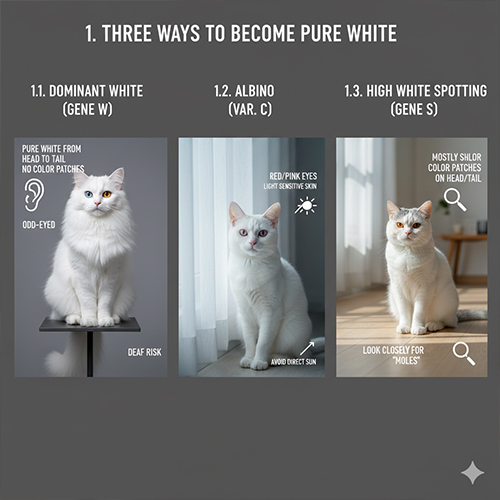 Sơ đồ minh họa ba cơ chế tạo mèo trắng gồm gen trội W, bạch tạng albino và white spotting mức cao