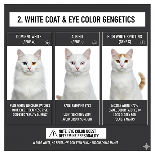 Bảng minh họa mối liên hệ giữa màu lông trắng và màu mắt ở mèo theo gen W, albino và white spotting
