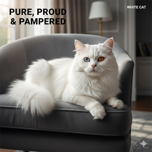 Mèo trắng lông dài thuần khiết nằm trên ghế sofa với đôi mắt hai màu nổi bật