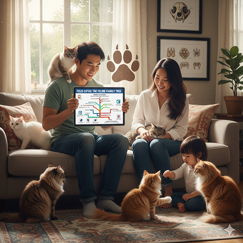 Mèo trong cây phả hệ động vật – từ lớp Thú (Mammalia), bộ Ăn thịt (Carnivora), họ Mèo (Felidae) đến chi Felis, với tên khoa học Felis catus.