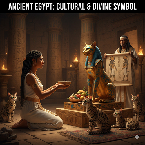 Nữ tu sĩ Ai Cập cổ quỳ dâng lễ vật trước tượng mèo thần Bastet trong đền thờ, xung quanh là nhiều chú mèo đang ngồi, thể hiện vai trò thiêng liêng của mèo trong văn hoá Ai Cập cổ đại.