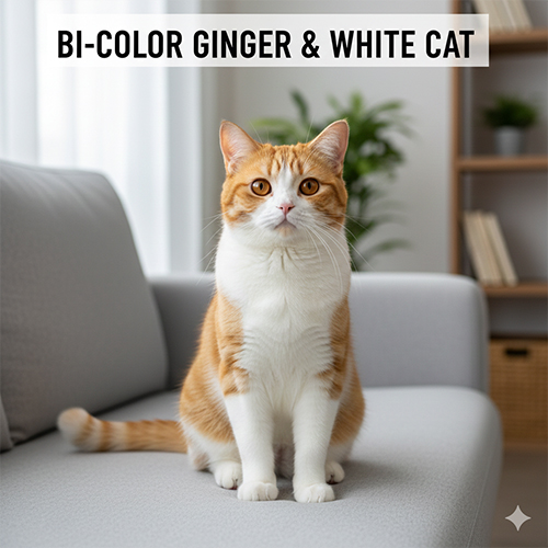 Mèo vàng trắng bicolor ngồi trong nhà, mảng trắng rõ, lông sạch