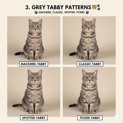 Các kiểu họa tiết tabby trên mèo xám gồm mackerel, classic, spotted và ticked
