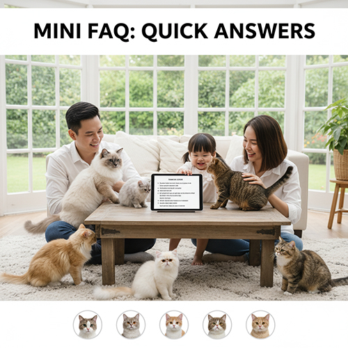 Gia đình cùng sáu chú mèo cảnh quây quần bên bàn trong phòng sáng, trên bàn là máy tính bảng hiển thị phần hỏi đáp nhanh.