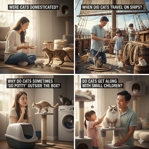 Bộ ảnh gồm bốn tình huống hỏi đáp về mèo: thuần hoá, hành trình đi thuyền, thói quen đi vệ sinh và cách tương tác với trẻ nhỏ, thể hiện qua khung cảnh gia đình và đời sống hiện đại.