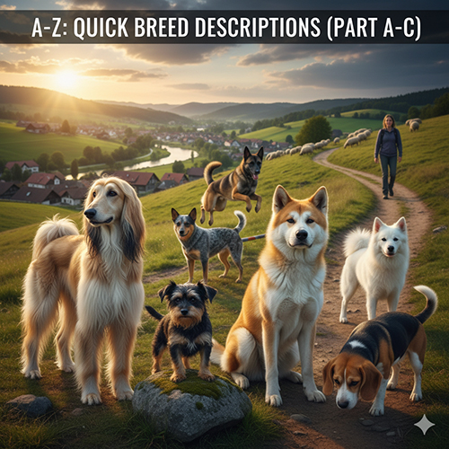Mô tả nhanh các giống chó phần A–C; nhóm chó đa dạng trên đường mòn đồng quê, ảnh bìa series A–Z