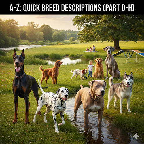 Mô tả nhanh các giống chó (phần D–H); ảnh nhiều giống chó ngoài đồng cỏ minh họa series A–Z