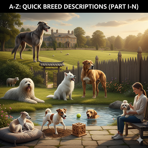 Mô tả nhanh giống chó (phần I–N); ảnh nhiều giống đang sinh hoạt ngoài sân vườn, phong cách bìa series A–Z