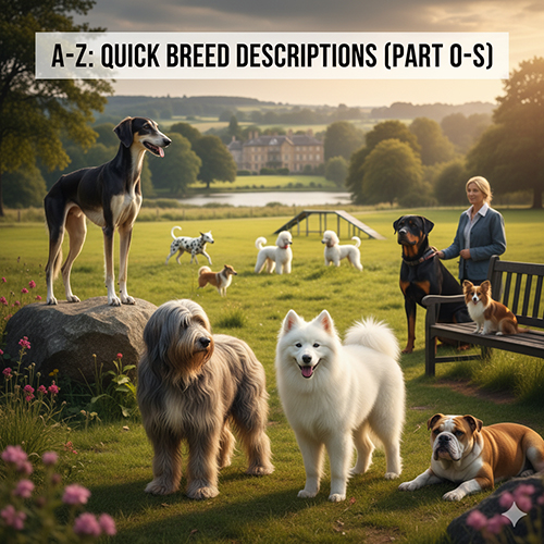 A–Z mô tả nhanh giống chó (phần O–S); ảnh nhiều giống cùng dạo chơi trong công viên, minh họa dải từ toy/companion đến working/guard