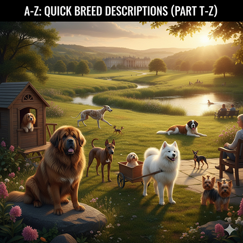 Mô tả nhanh giống chó (phần T–Z); ảnh nhiều giống dạo chơi trong công viên buổi chiều, trải từ toy đến working/guard