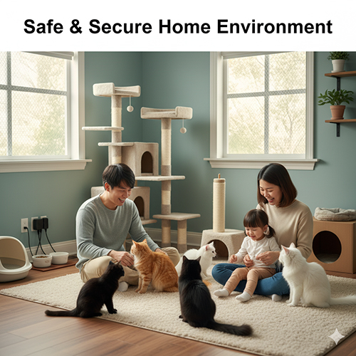 Gia đình thiết lập không gian sống an toàn và thân thiện cho mèo trong nhà với cây leo, khay cát và đồ chơi