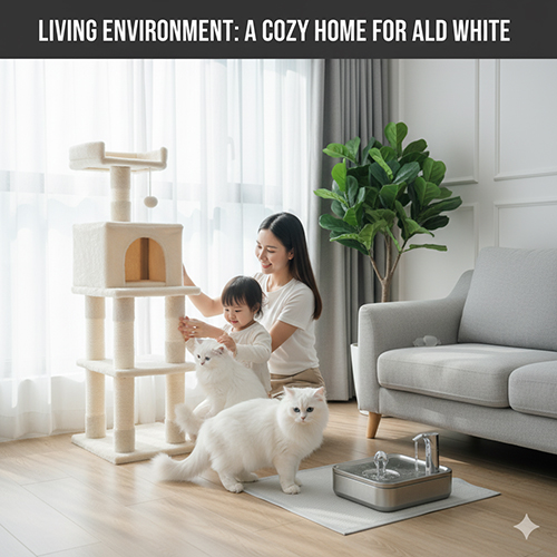 Mèo Anh lông dài trắng trong không gian sống sạch sẽ, ấm cúng, có cây trò chơi và nước uống tự động
