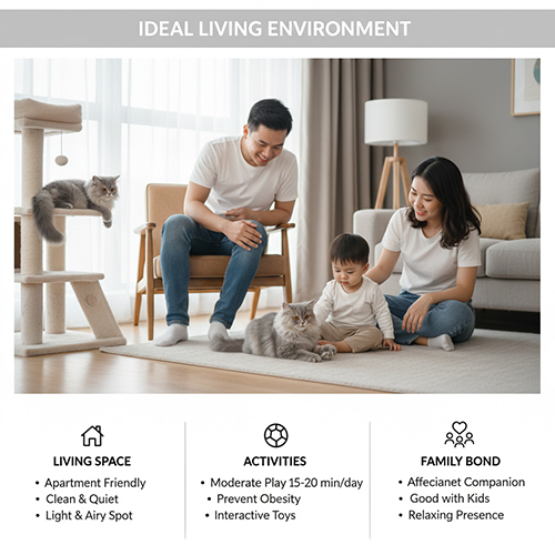 Gia đình hạnh phúc chơi đùa cùng hai chú mèo Anh lông dài xám trong căn hộ sáng sủa, thể hiện môi trường sống lý tưởng của giống ALD