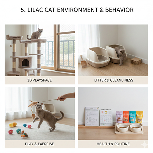 Môi trường sống trong nhà cho mèo lilac gồm kệ leo trèo, khay cát sạch, đồ chơi vận động và khu ăn uống gọn gàng
