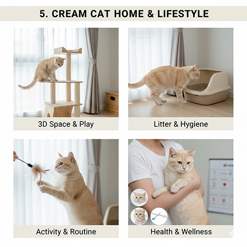 Mèo màu kem sinh hoạt trong nhà với kệ leo trèo, khay cát, chơi đùa và chăm sóc sức khỏe định kỳ