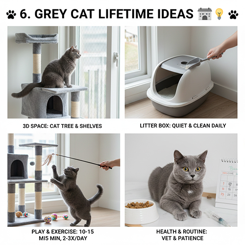 Môi trường sống phù hợp cho mèo xám gồm không gian leo trèo, khay cát sạch và vận động hằng ngày
