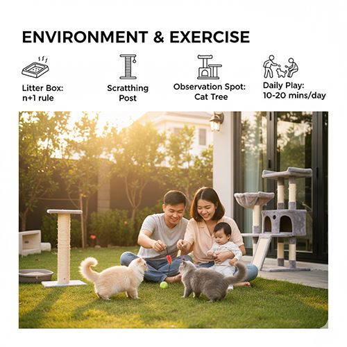 Gia đình chơi cùng hai mèo Anh lông dài ngoài sân vườn, minh họa môi trường sống và vận động lý tưởng cho mèo ALD.