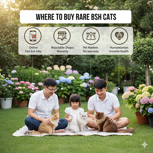 Hai người đàn ông và bé gái chơi cùng mèo Anh lông dài màu hiếm Golden, Silver và Chocolate trong vườn – minh họa nơi mua mèo uy tín