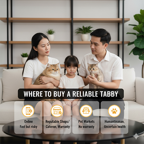 Gia đình ôm mèo Anh lông dài Tabby trong phòng khách – minh họa các địa điểm mua mèo Tabby uy tín và rủi ro