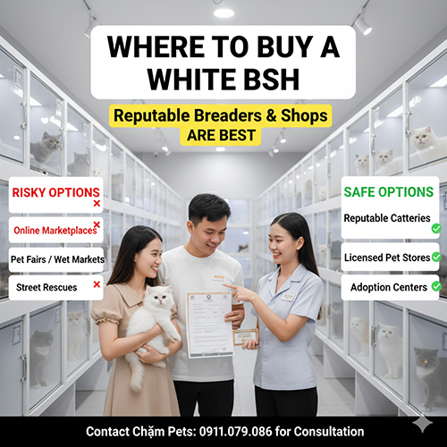 Cặp đôi trẻ Việt Nam nhận giấy chứng nhận khi mua mèo Anh lông dài trắng tại cửa hàng thú cưng uy tín, minh họa lựa chọn an toàn khi tìm nơi mua mèo