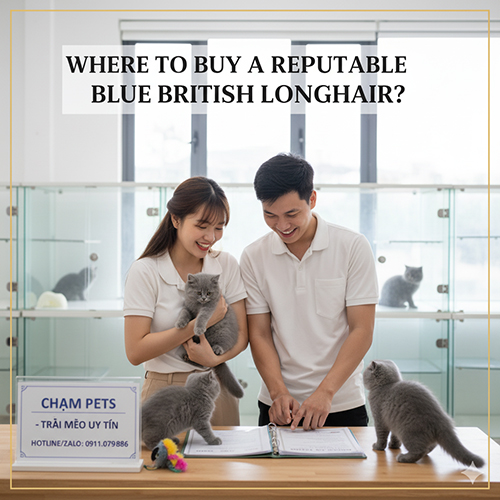 Nhân viên Chạm Pets tư vấn cho khách hàng tại trại mèo, nhiều mèo Anh lông dài xám đang chơi quanh bàn ghi danh