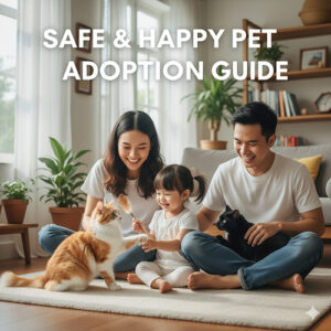 Gia đình hạnh phúc chơi cùng mèo trong nhà, minh họa hướng dẫn mua và nhận nuôi mèo cảnh an toàn