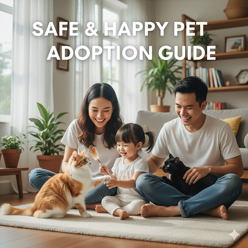Gia đình hạnh phúc chơi cùng mèo trong nhà, minh họa hướng dẫn mua và nhận nuôi mèo cảnh an toàn