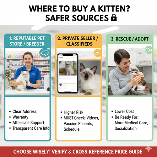 ảnh minh họa các nguồn mua mèo con an toàn hơn: shop uy tín, rao vặt cá nhân, cứu hộ nhận nuôi