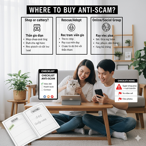 So sánh các kênh mua mèo phổ biến: trại, shop, nhận nuôi và chợ online để chọn nơi uy tín nhất.