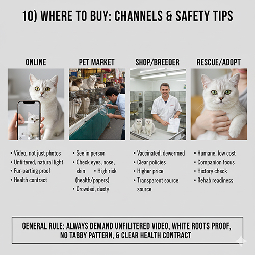 Các kênh mua mèo Silver Shaded ns11 gồm online, chợ thú cưng, shop và nhận nuôi