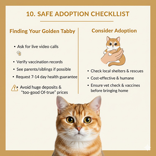 Checklist mua hoặc nhận nuôi mèo mướp vàng giúp giảm rủi ro khi chọn nguồn