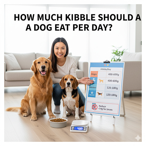 Cô gái ngồi cạnh hai chú chó Golden và Beagle, bên cạnh bảng hướng dẫn khẩu phần ăn hạt mỗi ngày theo cân nặng và loại chó.