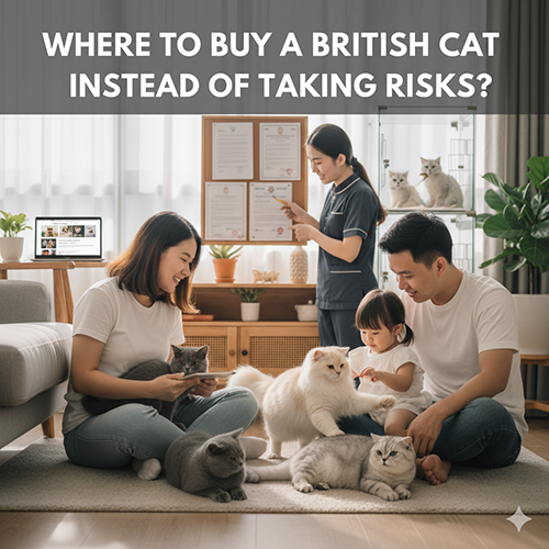 Gia đình chơi cùng mèo Anh trong phòng khách, phía sau là nhân viên tư vấn cầm giấy chứng nhận, minh họa cho bài viết gợi ý nơi mua mèo Anh uy tín thay vì rủi ro