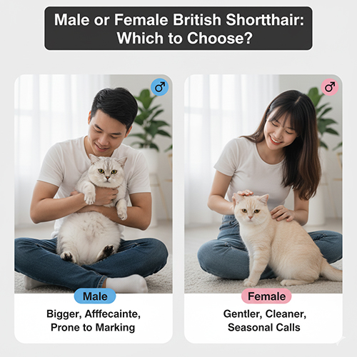 So sánh mèo Anh lông ngắn đực và cái qua hình ảnh cặp đôi mỗi người bế một bé mèo khác giới trong phòng khách