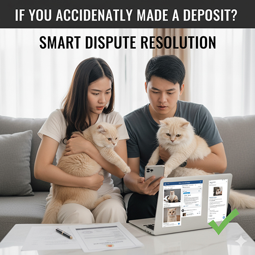 Cặp đôi ôm hai mèo Anh và xem bằng chứng giao dịch trên điện thoại, minh họa cho bài viết hướng dẫn xử lý tranh chấp khi lỡ đặt cọc mua mèo Anh