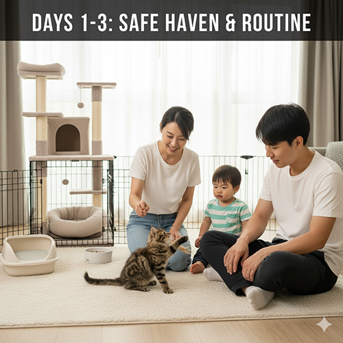 Ngày 1–3: ở phòng “neo an toàn”, thiết lập routine chơi → ăn ẩm → dẫn khay → ngủ cho mèo con