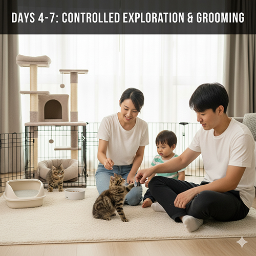 Ngày 4–7: mở rộng có kiểm soát và làm quen grooming cho mèo con trong phòng neo an toàn