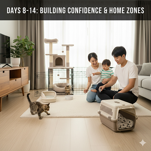Ngày 8–14: mèo con tự tin hoá, mở rộng không gian theo “vùng”, luyện vào box và kiểm tra lịch tiêm–tẩy