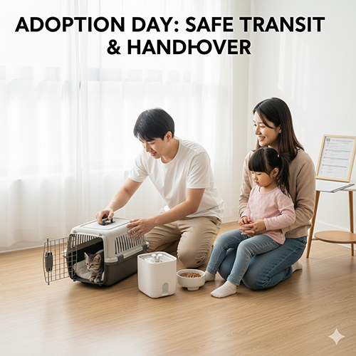 Gia đình đón mèo con từ hộp vận chuyển, minh họa quy trình vận chuyển an toàn và bàn giao mèo con trong ngày nhận nuôi.