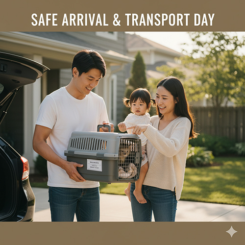 Gia đình đón mèo con bằng box vận chuyển an toàn trước cửa nhà; hướng dẫn các bước trước khi đón, trong lúc vận chuyển và khi về nhà